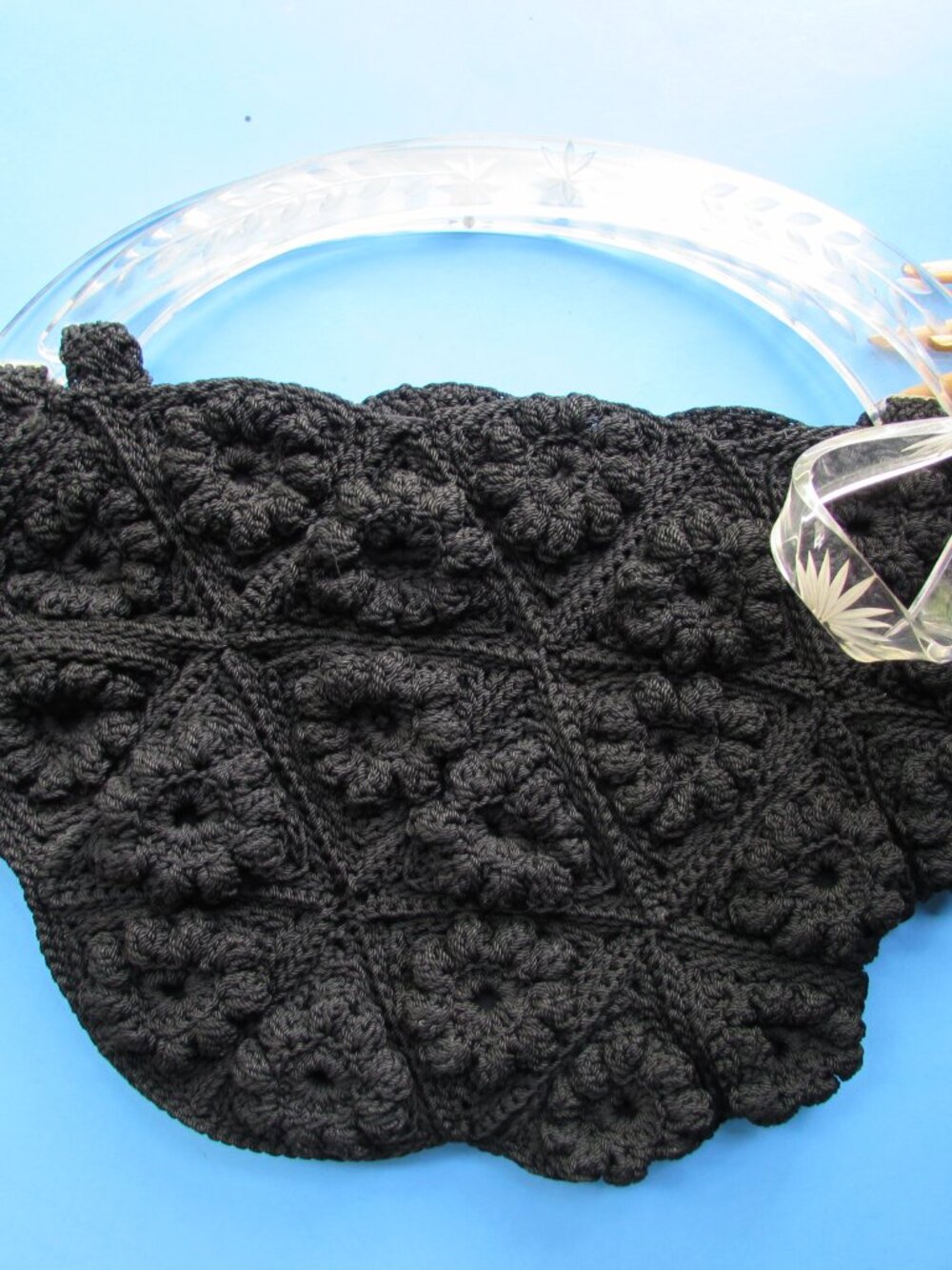 1940 Era Black Crochet Purse Clear Acrylic Handle - Picture 2 of 9